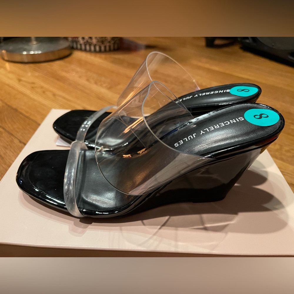 Sincerly Jules Black Patent Wedge Sandals with Clear Straps